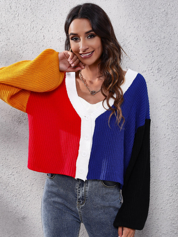 Women's contrast color knitted short cardigan