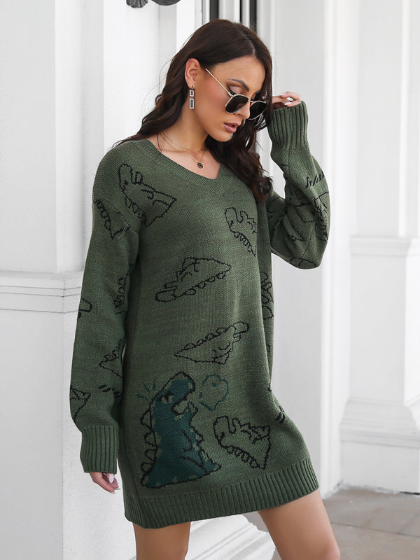 Women's dinosaur cartoon jacquard V-neck falling shoulder long sleeve knitted dress