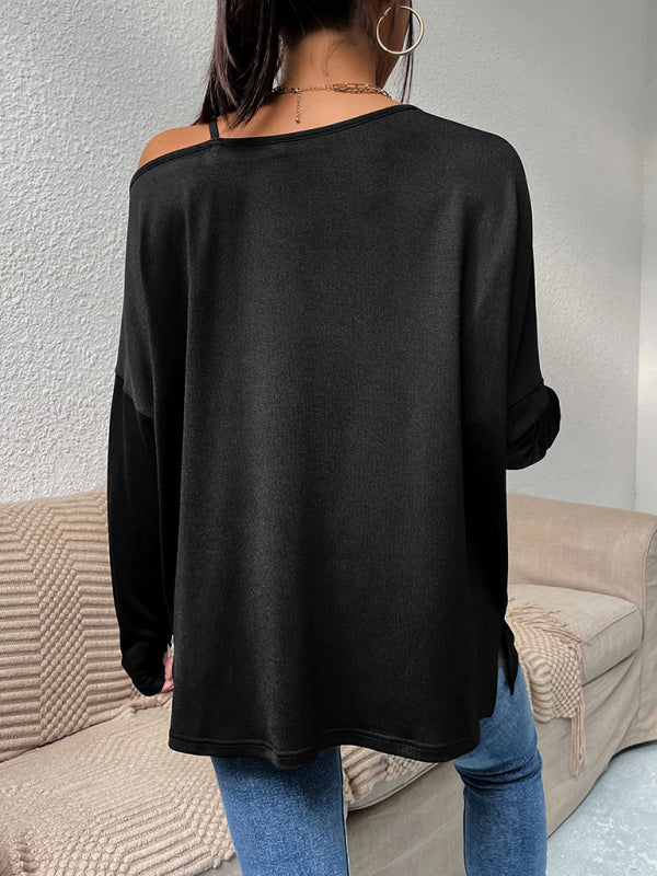 Solid Color Slanted Shoulder Suspender Casual Loose Long-Sleeved T-Shirt