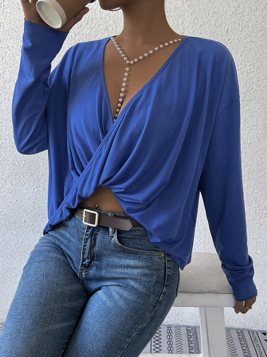 Woman's V-Neck Blue Top Irregular Loose Long-Sleeved Navel T-Shirt
