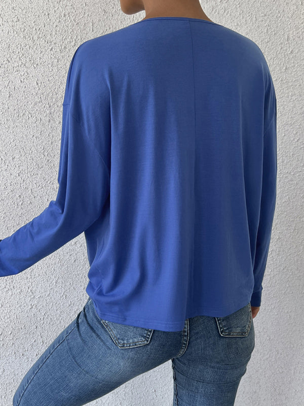 वी-नेक टॉप अनियमित ढीली लंबी बाजू वाली नाभि टी-शर्ट