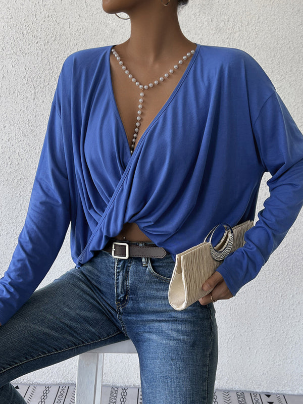 Woman's V-Neck Blue Top Irregular Loose Long-Sleeved Navel T-Shirt