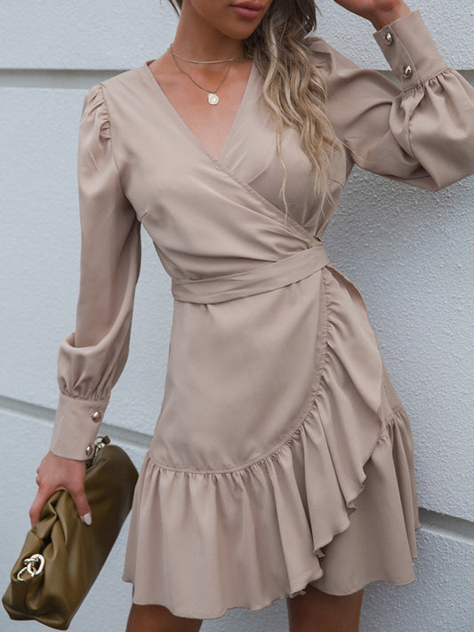 महिलाओं की प्रारंभिक शरद ऋतु नई ठोस रंग वी-गर्दन स्ट्रैपी उच्च कमर अनियमित लंबी आस्तीन पोशाक