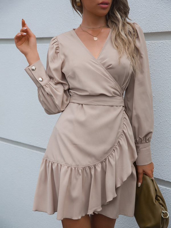 Women's Solid Color V-Neck Strappy High Waist Irregular Long Sleeve Dress