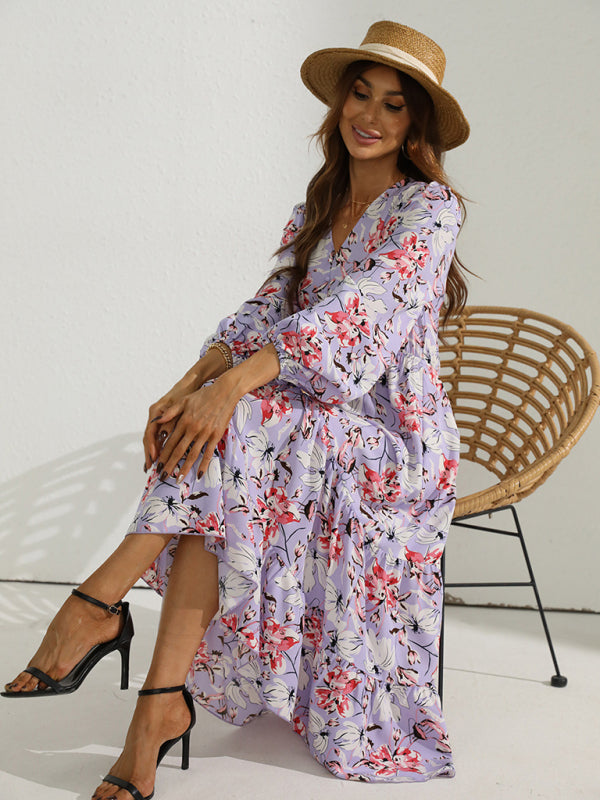 Woman's V-Neck Mid-Length Puff Sleeves Printed Long-Sleeved Swing Dress