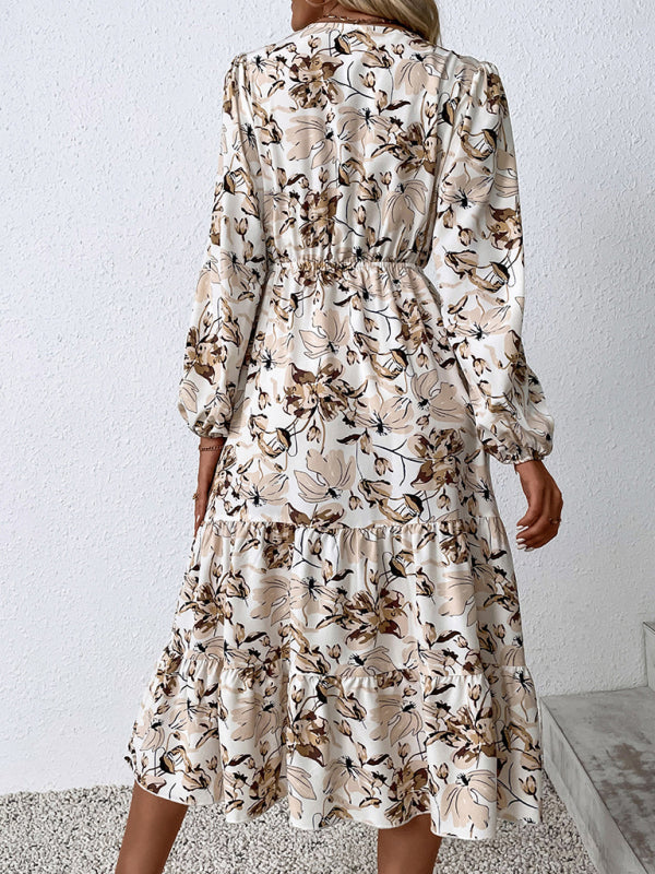 Woman's V-Neck Mid-Length Puff Sleeves Printed Long-Sleeved Swing Dress