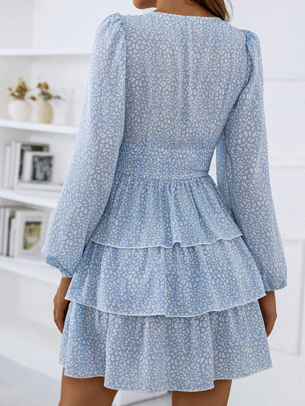 महिलाओं की वसंत और शरद ऋतु नई केक स्कर्ट वी-गर्दन कमर पफ स्लीव पोल्का डॉट प्रिंट ड्रेस