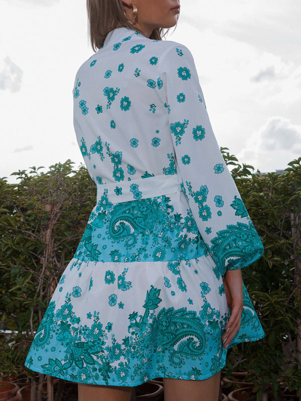 महिलाओं की ऑटम हॉट सेल नई लैपल सिंगल ब्रेस्टेड बो नॉट कमर प्रिंट ड्रेस