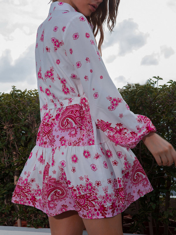 महिलाओं की ऑटम हॉट सेल नई लैपल सिंगल ब्रेस्टेड बो नॉट कमर प्रिंट ड्रेस