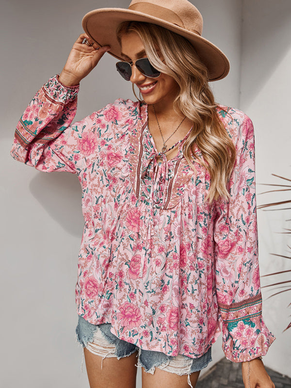 Women's Lace Up Romantic Holiday Print Top