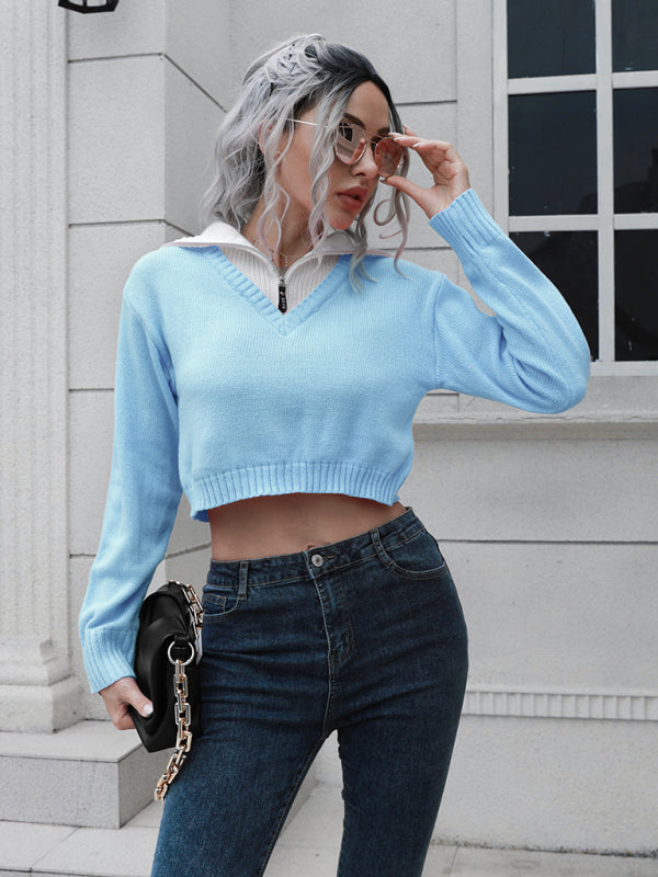 Women's zip lapel color blocking short sweater