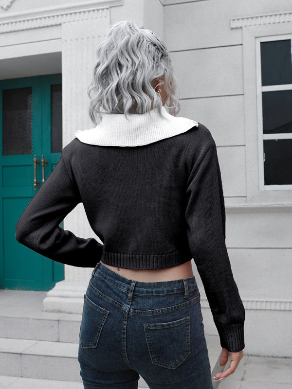 Women's zip lapel color blocking short sweater