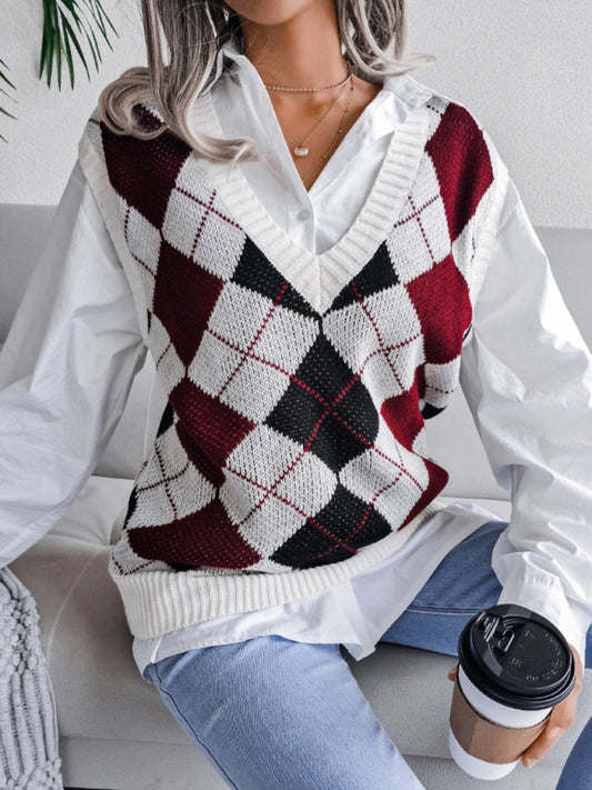 महिलाओं का डायमंड वी-नेक कैज़ुअल लूज़ निट बनियान स्वेटर