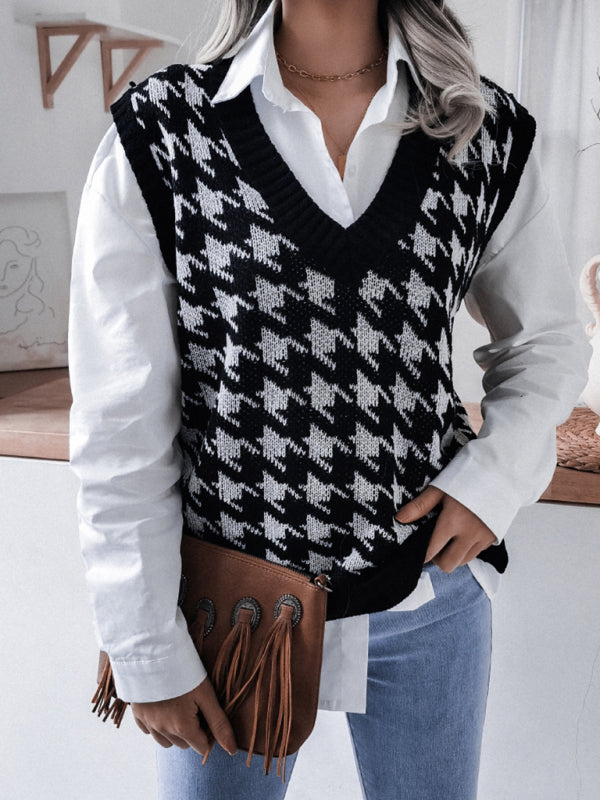 Women's V-neck thousand bird lattice casual loose knit sweater vest