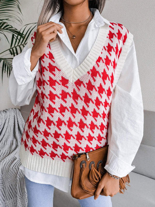 Women's V-neck thousand bird lattice casual loose knit sweater vest