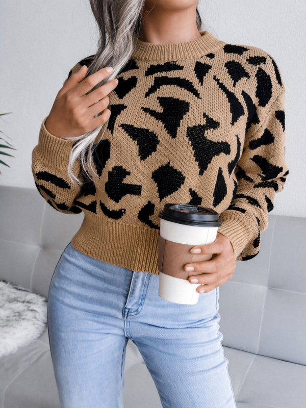 Women's casual leopard waist closed knit navel sweater