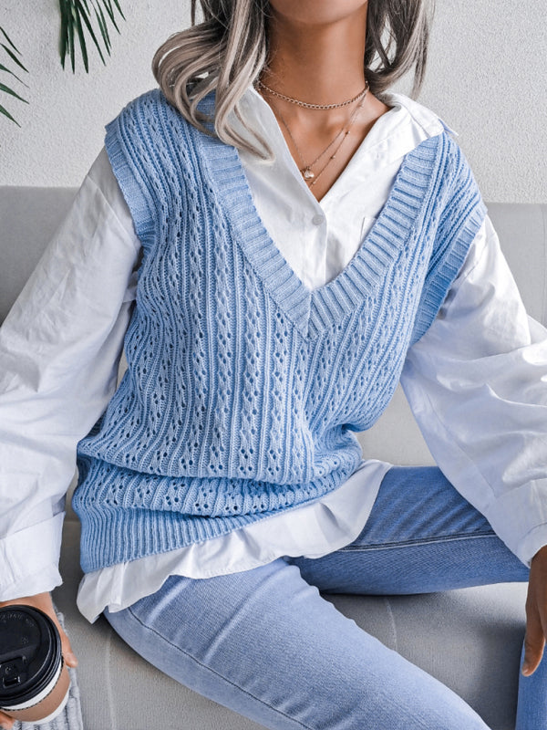 Women's V-neck hollow out fried dough twist casual knitting sweater vest