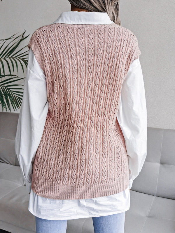 Women's V-neck hollow out fried dough twist casual knitting sweater vest