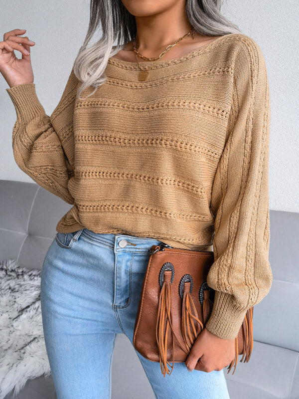 Women's straight neck hollow out fried dough twist casual knitted sweater