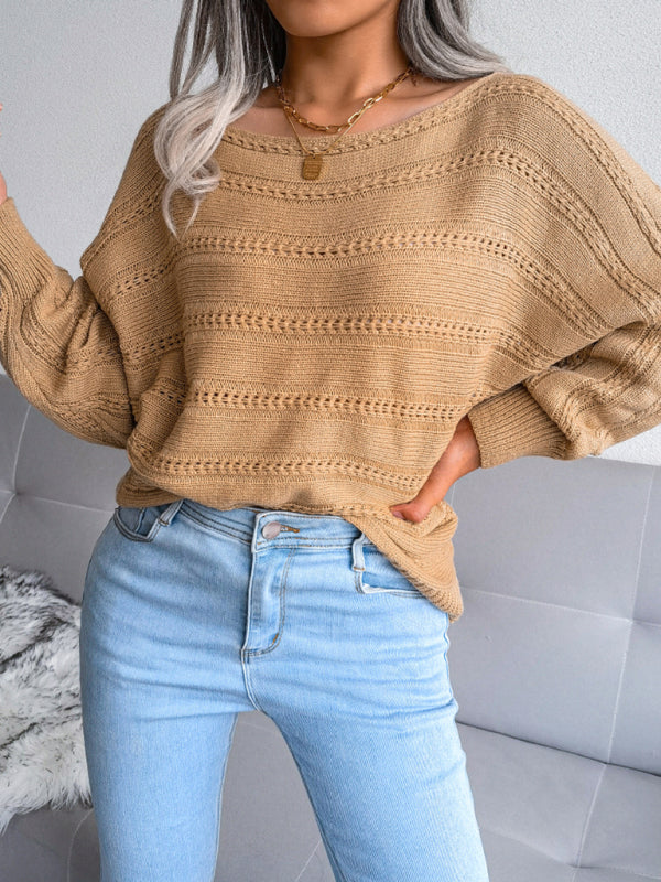 Women's straight neck hollow out fried dough twist casual knitted sweater