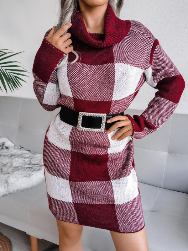 Women's casual plaid high collar knitted dress