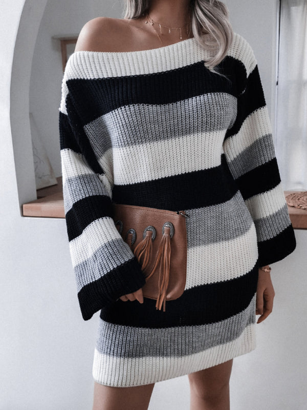 Women's straight neck off shoulder loose contrast striped knitted dress
