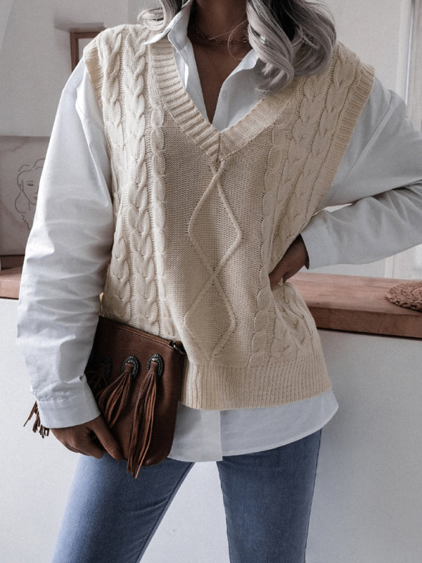 महिलाओं का वी-गर्दन तला हुआ आटा ट्विस्ट कैज़ुअल ढीला बुना हुआ बनियान स्वेटर