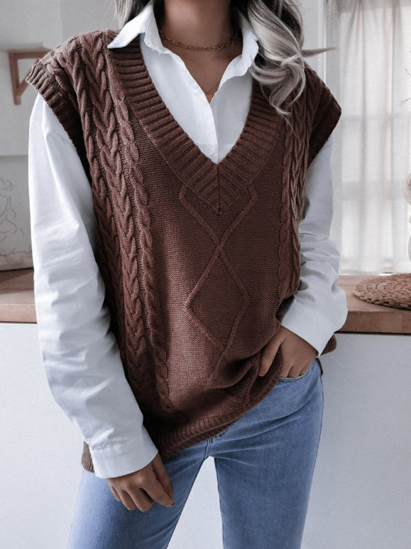 महिलाओं का वी-गर्दन तला हुआ आटा ट्विस्ट कैज़ुअल ढीला बुना हुआ बनियान स्वेटर