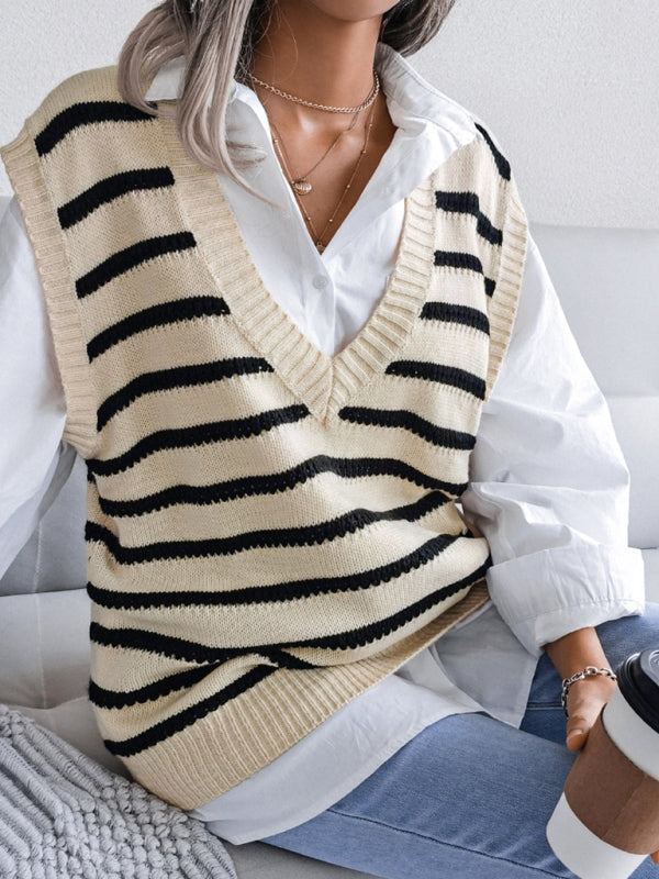 Women's V-neck stripe casual knitting sweater vest