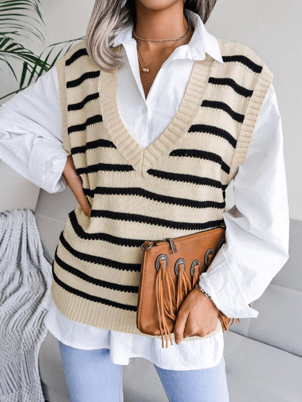 Women's V-neck stripe casual knitting sweater vest
