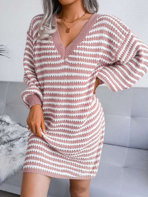 Women's striped hollow knitted dress