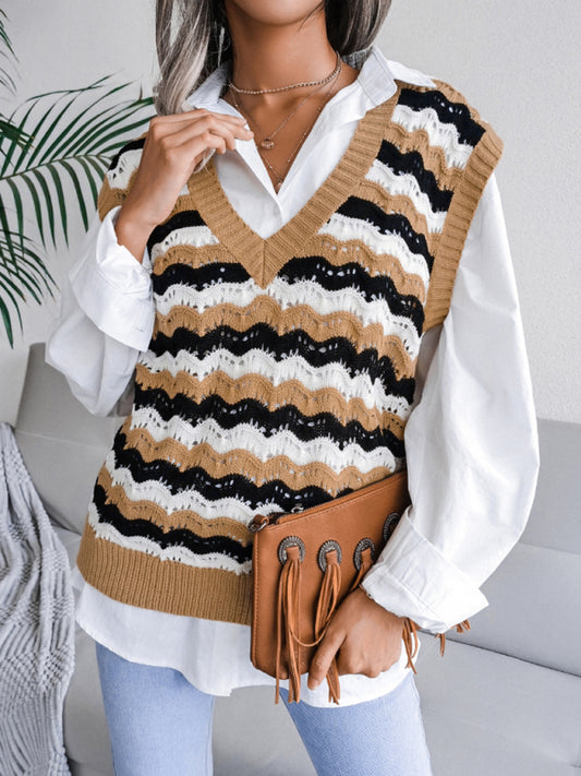 Women's V-neck hollow stripe sweater vest