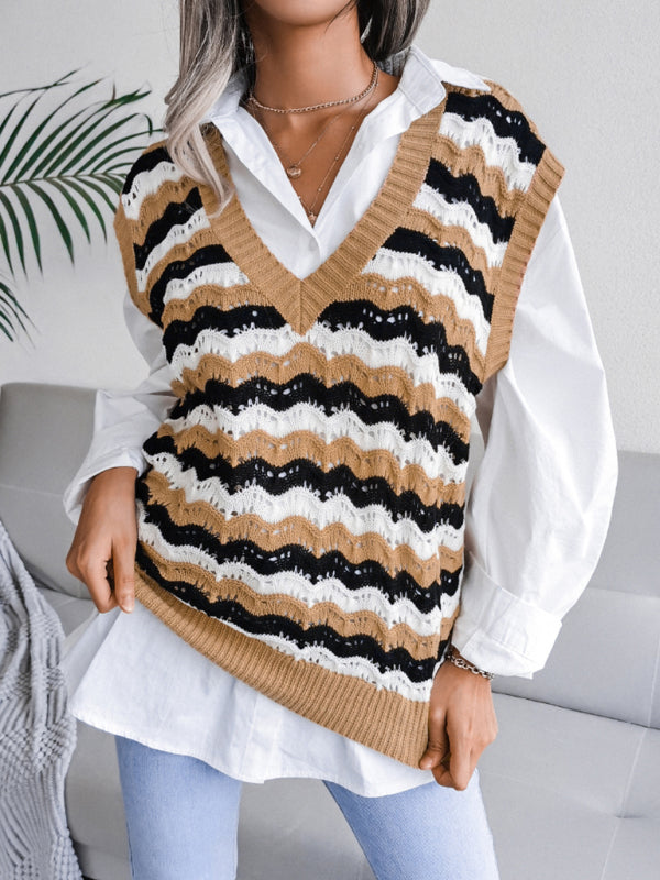 Women's V-neck hollow stripe sweater vest