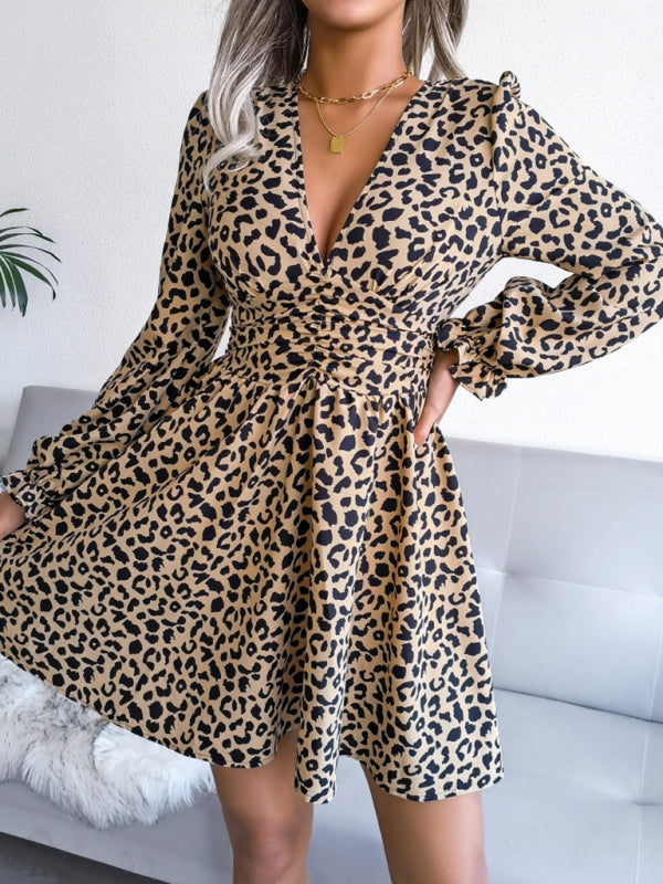 Women's Leopard Print Waist Pleated Dress