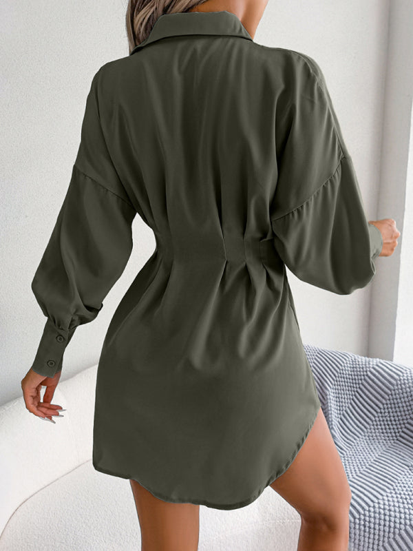 महिलाओं की कैज़ुअल लालटेन आस्तीन कमर असममित पोशाक शर्ट स्कर्ट