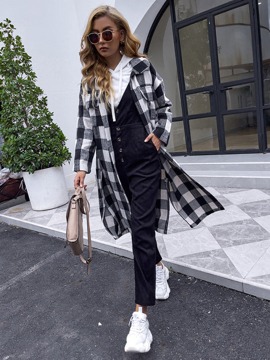Woman's Lapel Black And White Plaid Trench Coat