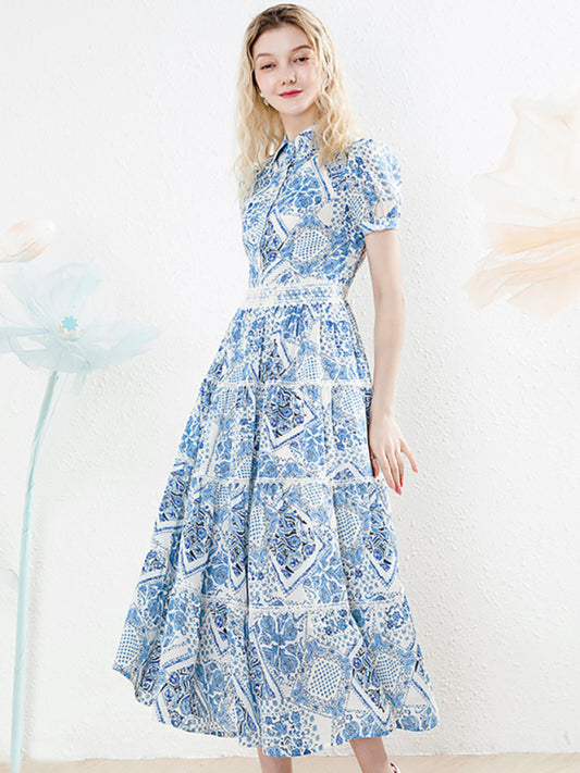 新款藍色雪紡碎花洋裝復古輕熟風格收腰超長連身裙