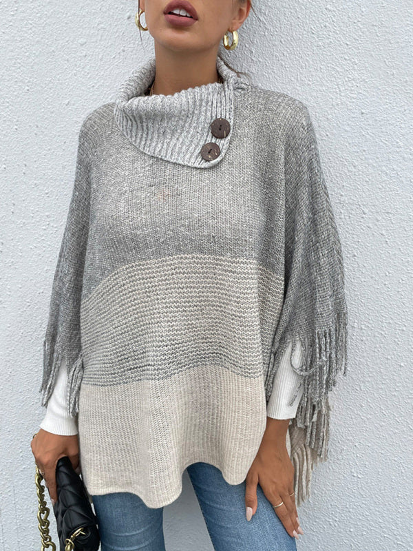 Women's Lapel Striped Fringe Pullover Knit Cape Sweater