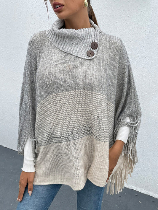 Women's Lapel Striped Fringe Pullover Knit Cape Sweater
