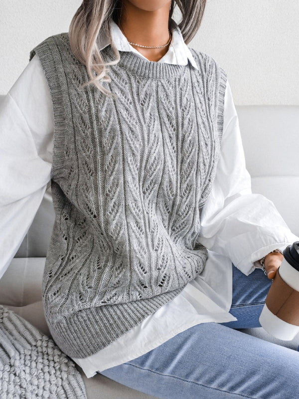 Women's round neck hollow leaf casual knitted sweater vest