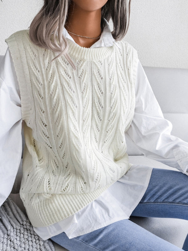 Women's round neck hollow leaf casual knitted sweater vest