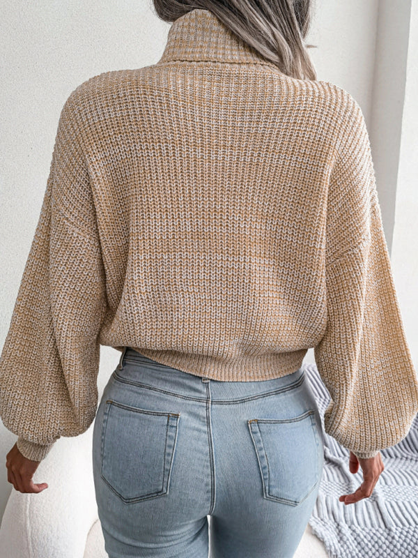 Women's lantern long sleeve high neck knitted sweater