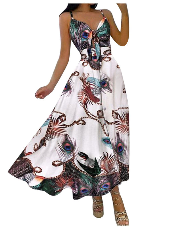 Women's Lace Up Full Floral Halter Long Dress