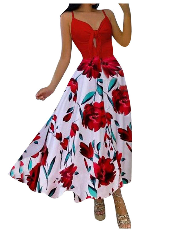 Women's Lace Up Full Floral Halter Long Dress