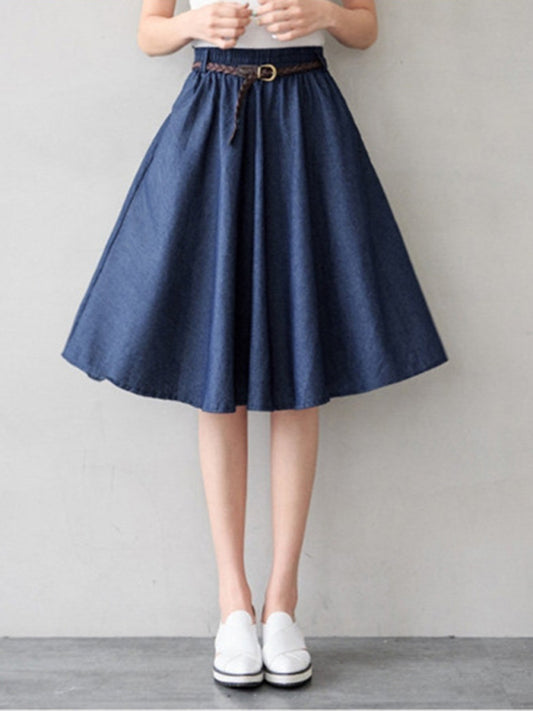 महिलाओं की उच्च कमर ठोस रंग मध्य लंबाई डेनिम स्कर्ट