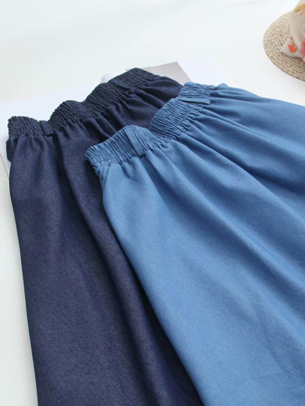 Women's High Waist Solid Color Mid Length Denim Skirt