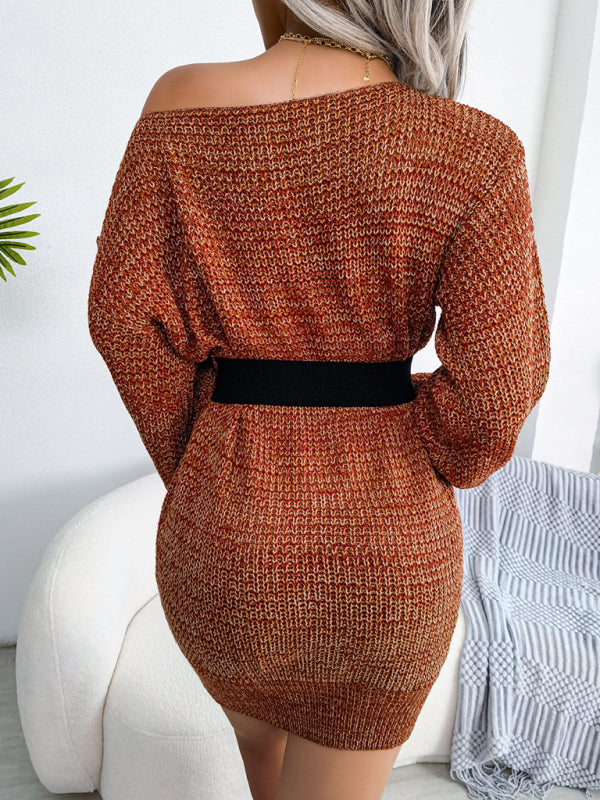 महिलाओं की सीधी गर्दन वाली ऑफ शोल्डर रंगीन लालटेन आस्तीन बुना हुआ ऊनी पोशाक