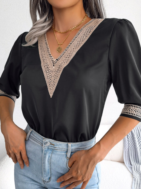 Women's temperament lace V-neck medium sleeve chiffon shirt