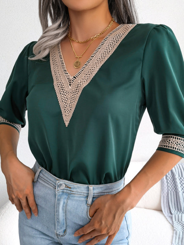 महिलाओं का स्वभाव फीता वी-गर्दन मध्यम आस्तीन शिफॉन शर्ट