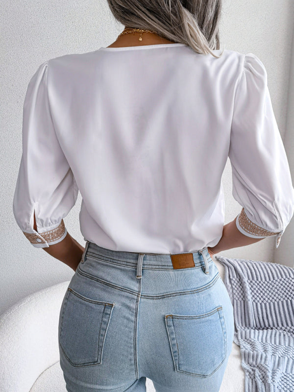 महिलाओं का स्वभाव फीता वी-गर्दन मध्यम आस्तीन शिफॉन शर्ट